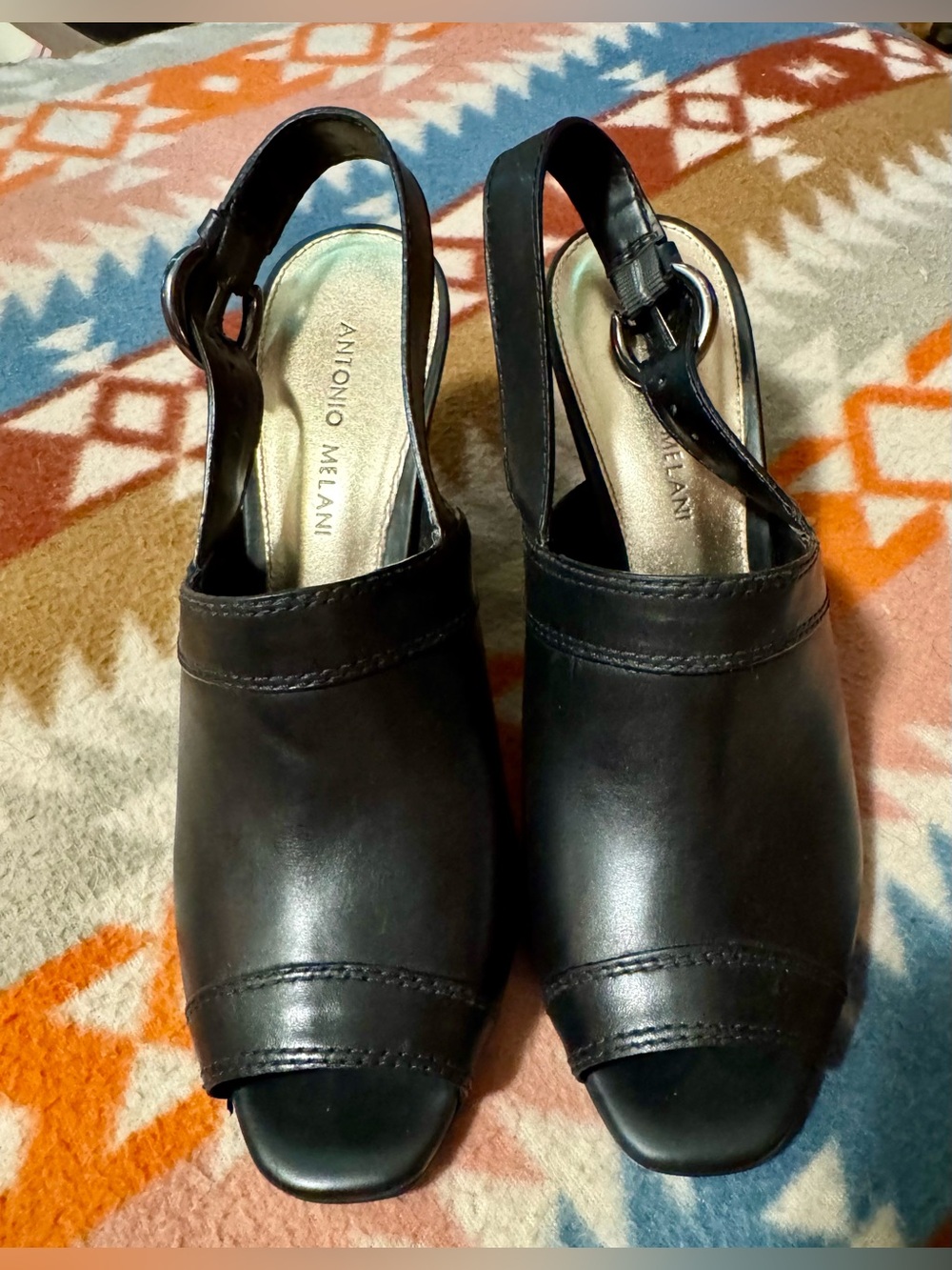ANTONIO MELANI Black Leather Slingback Open-Toe Block Heels